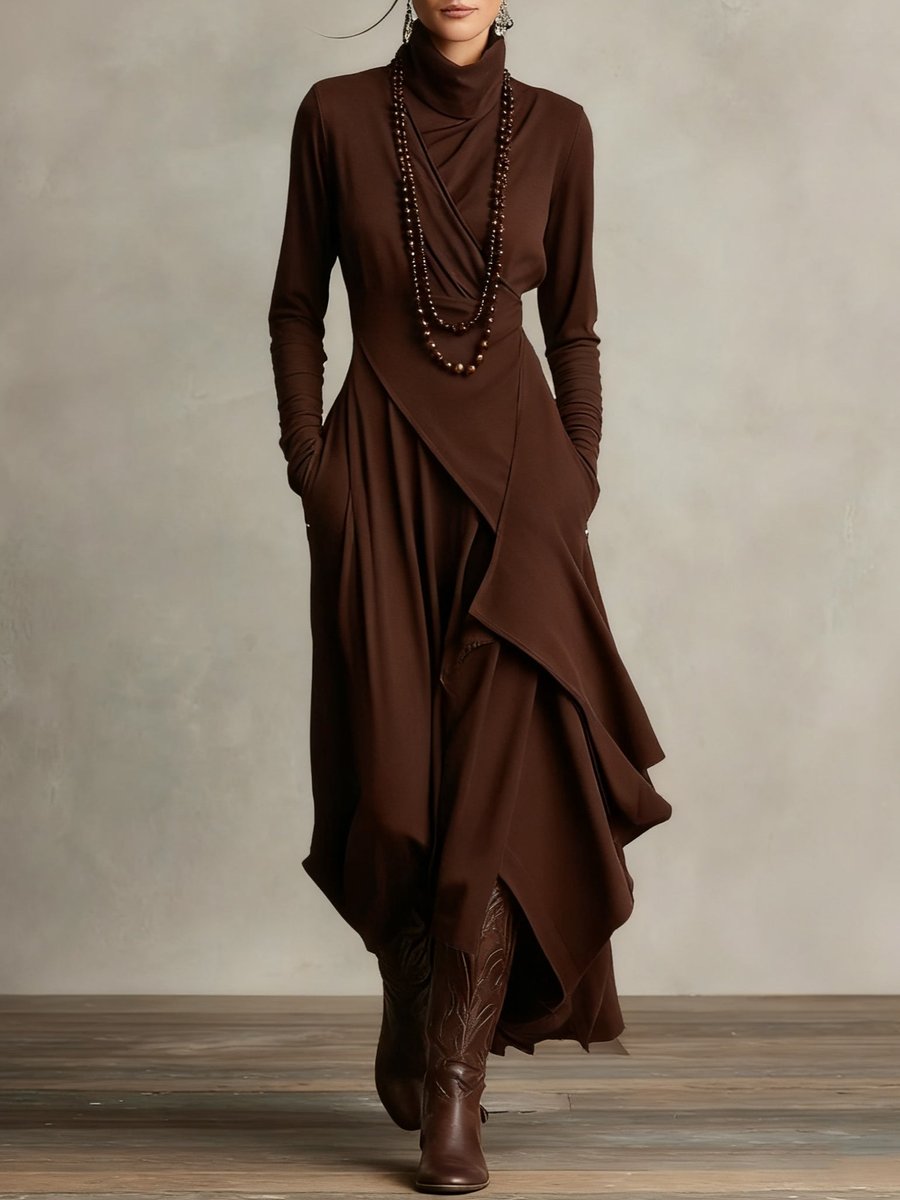 Women's Turtleneck Asymmetric Layered Maxi Long Sleeve Dress - Brown
