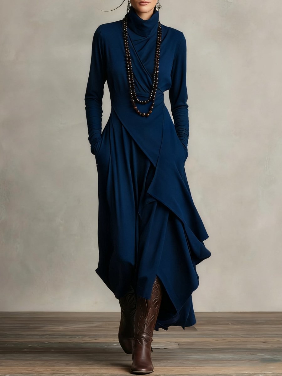 Women's Turtleneck Asymmetric Layered Maxi Long Sleeve Dress - Navy Blue