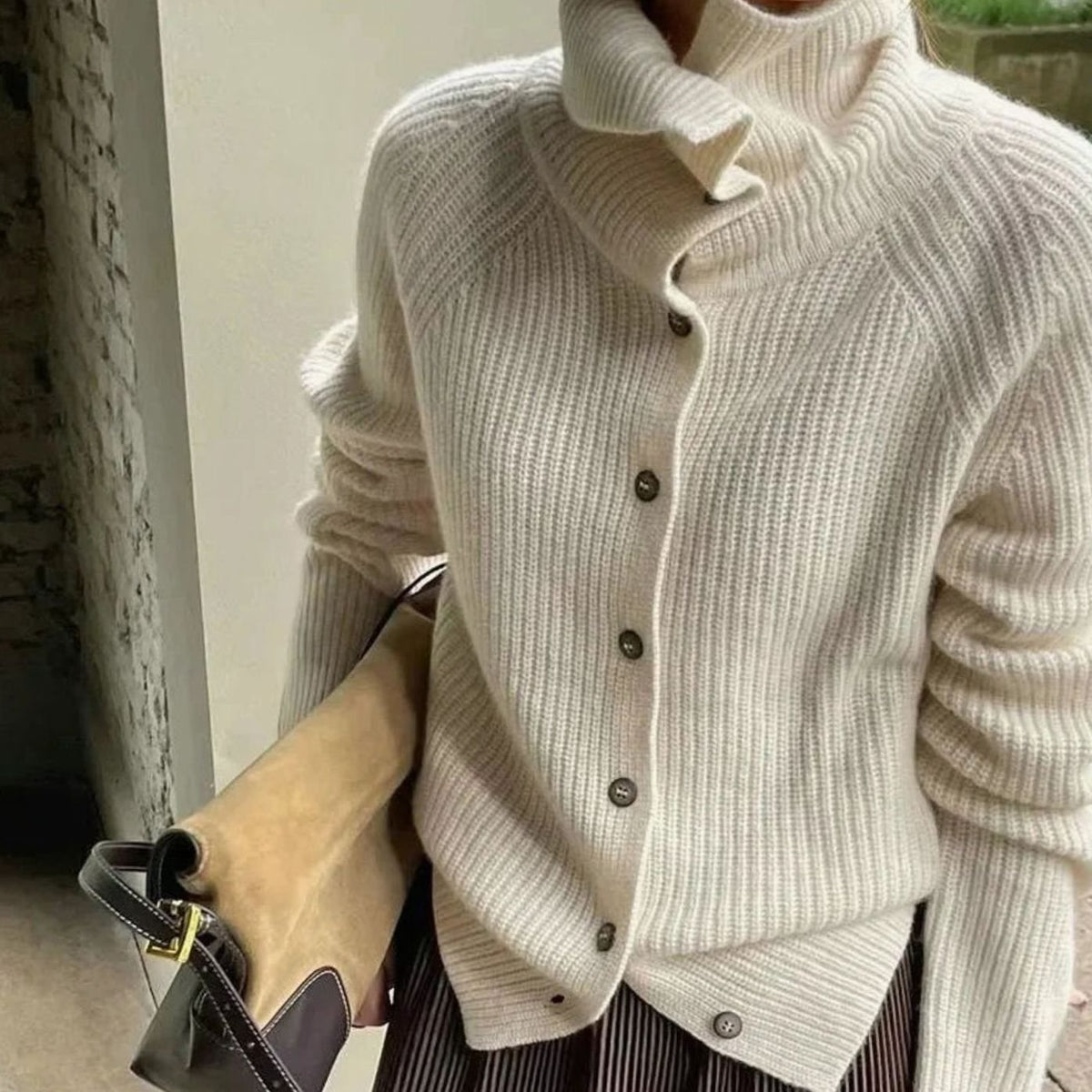 Women's Turtleneck Button-Front Knit Cardigan