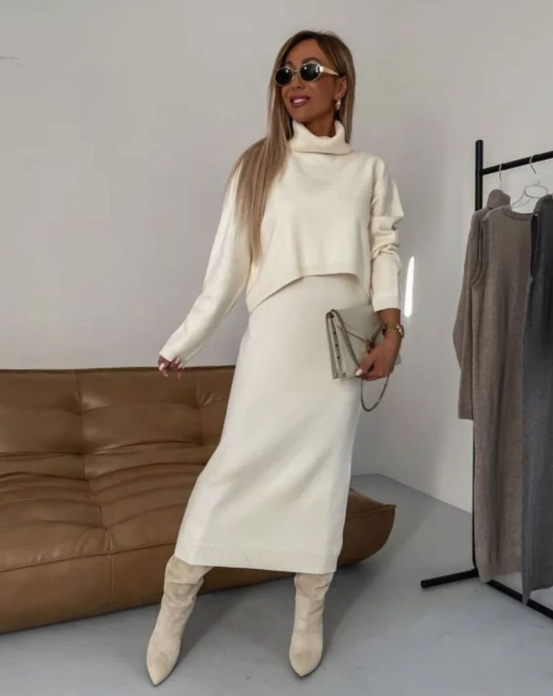 Women's Turtleneck Jumper Midi Skirt Knitted Co Ord Set - Cream