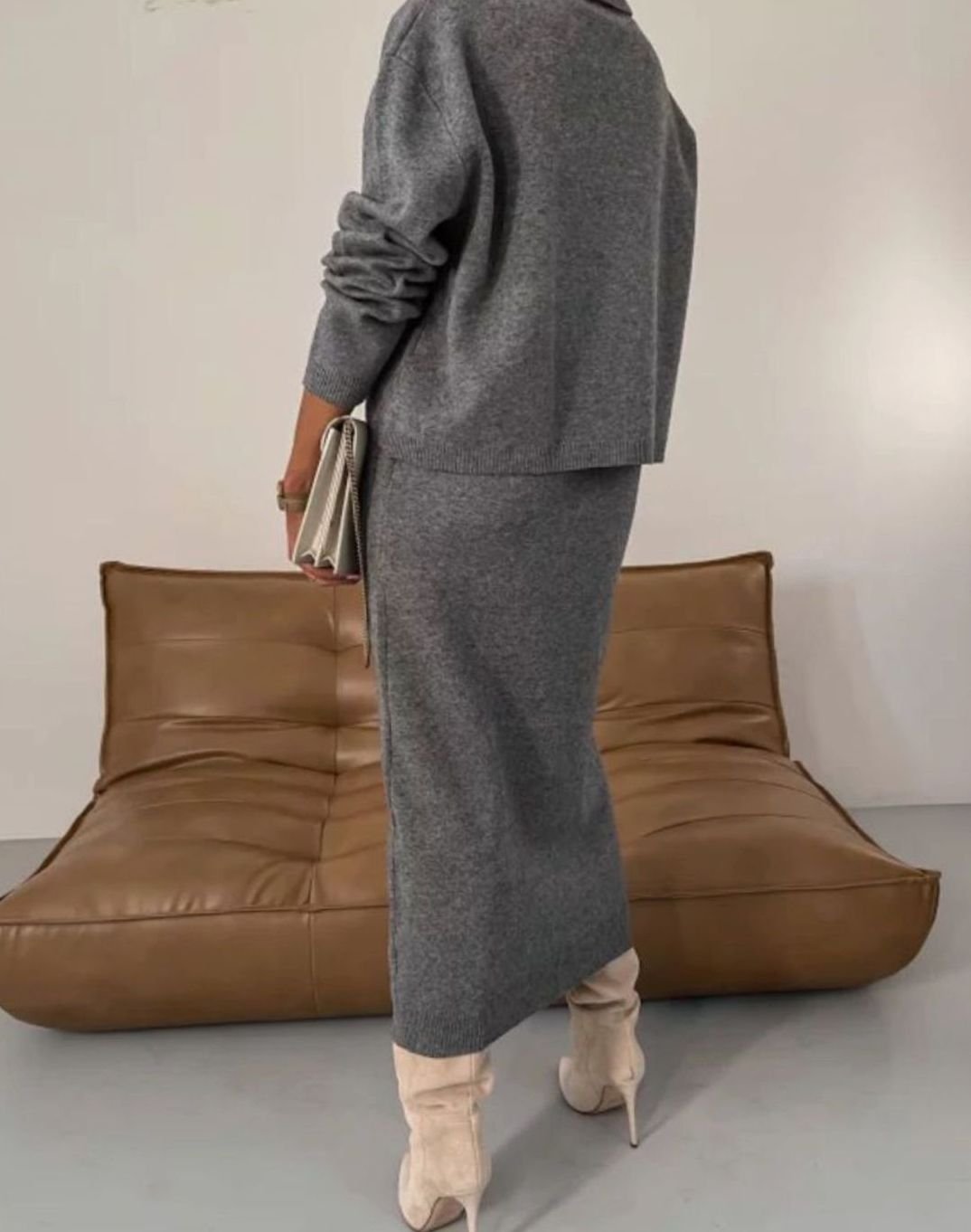 Women's Turtleneck Jumper Midi Skirt Knitted Co Ord Set