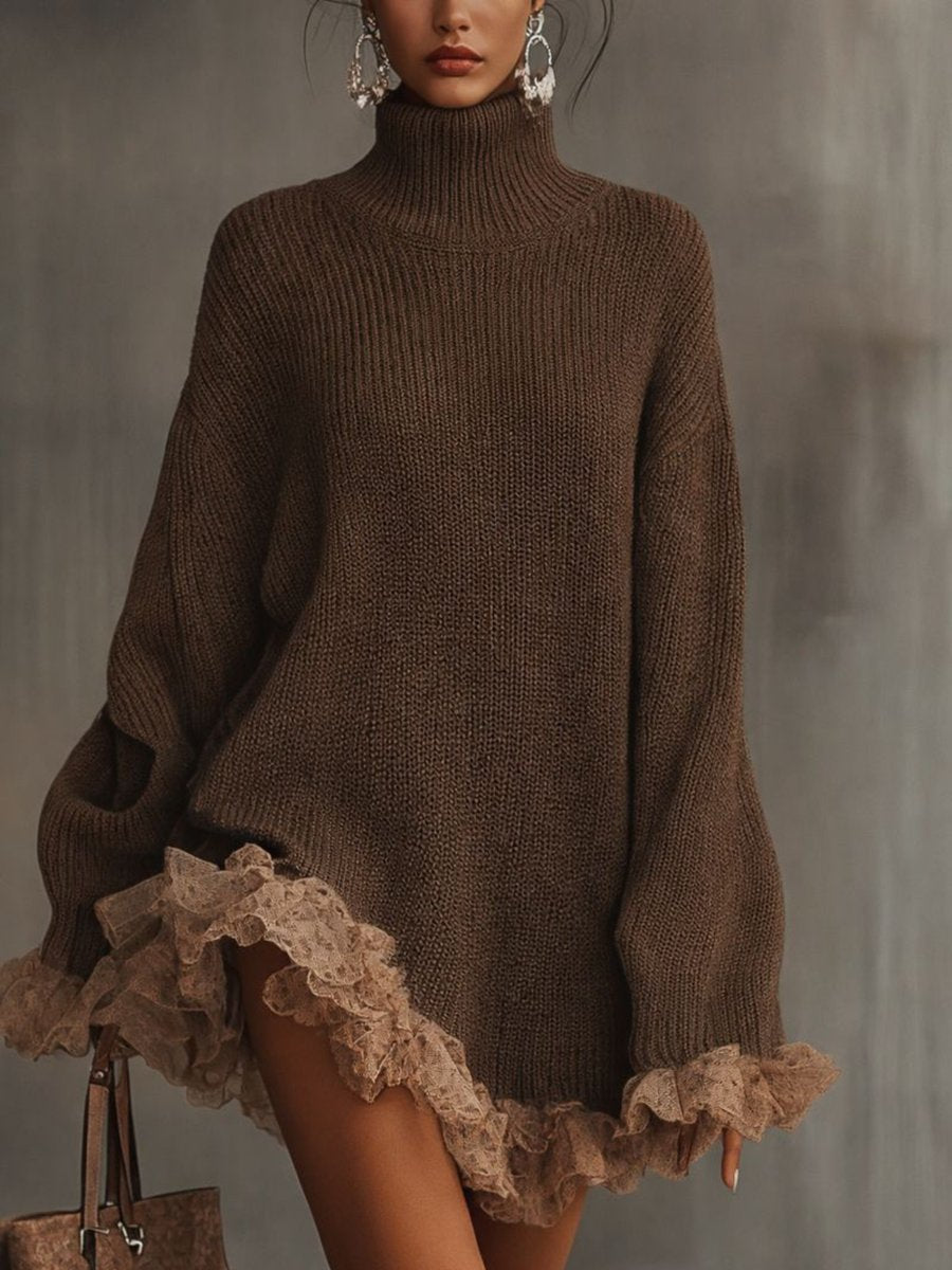 Women's Turtleneck Knit Lace-Hem Formal Dresses Oversized - Brown