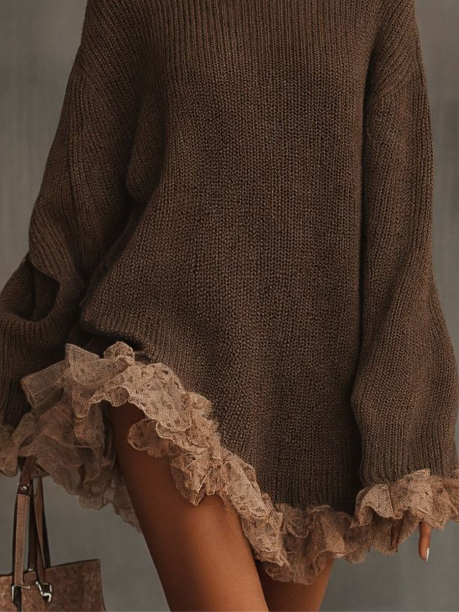 Women's Turtleneck Knit Lace-Hem Formal Dresses Oversized