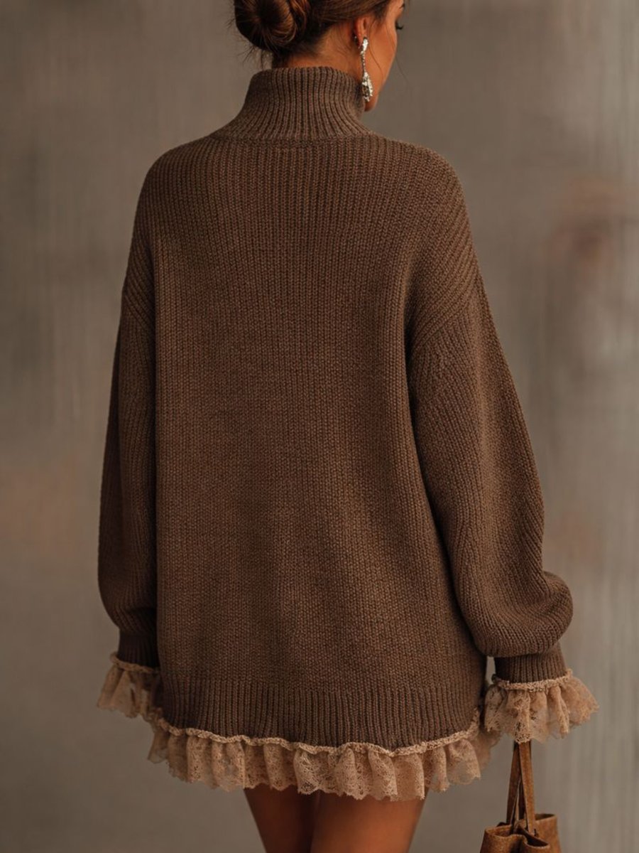 Women's Turtleneck Knit Lace-Hem Formal Dresses Oversized