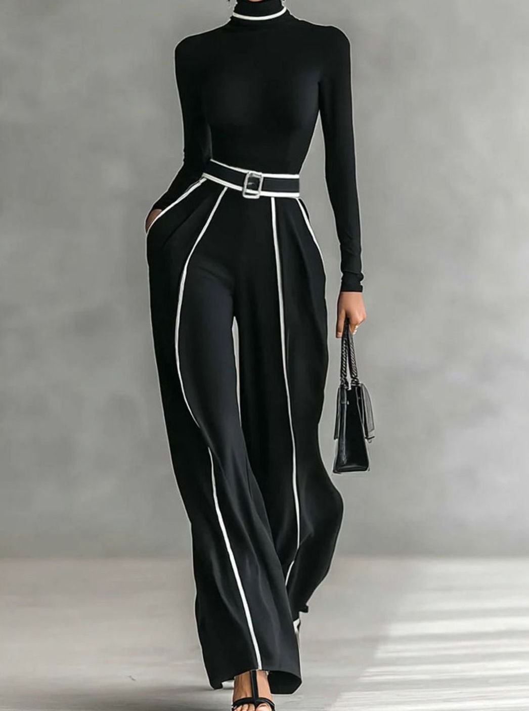 Women's Turtleneck Long-Sleeve Wide-Leg Two-Piece Trouser Set - Black
