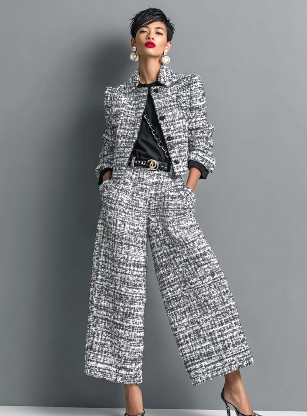 Women's Tweed Wide-Leg Cropped Trouser Blazer Co-ord Set - Grey