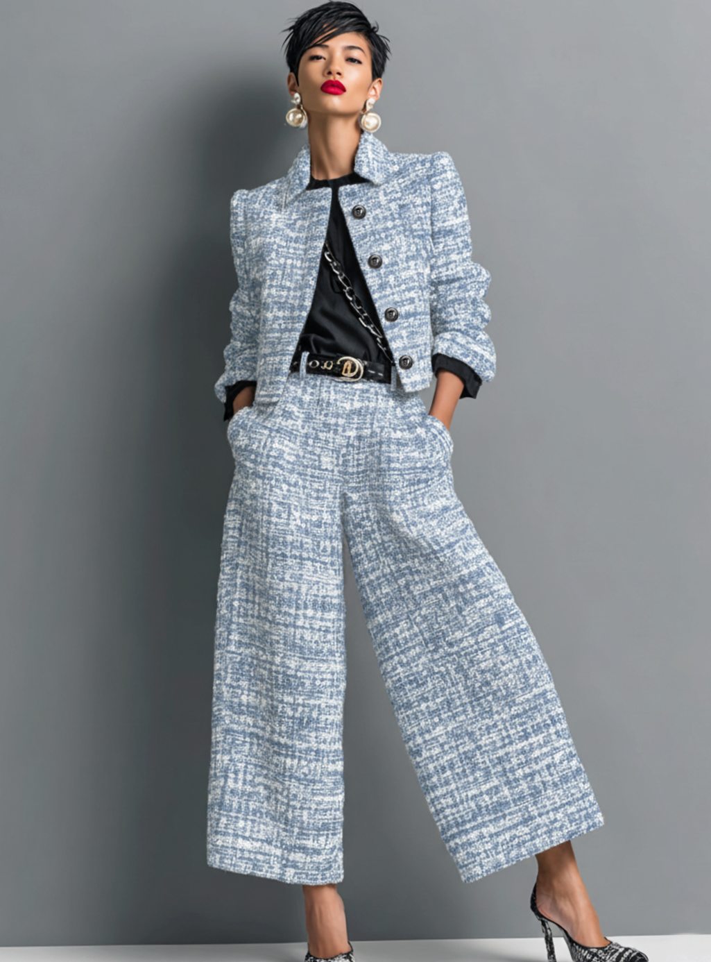 Women's Tweed Wide-Leg Cropped Trouser Blazer Co-ord Set - Blue