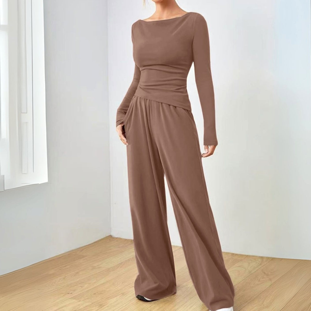 Women's Two Piece Set Long-Sleeve Boat-Neck Top Wide-Leg Trousers - Light Brown