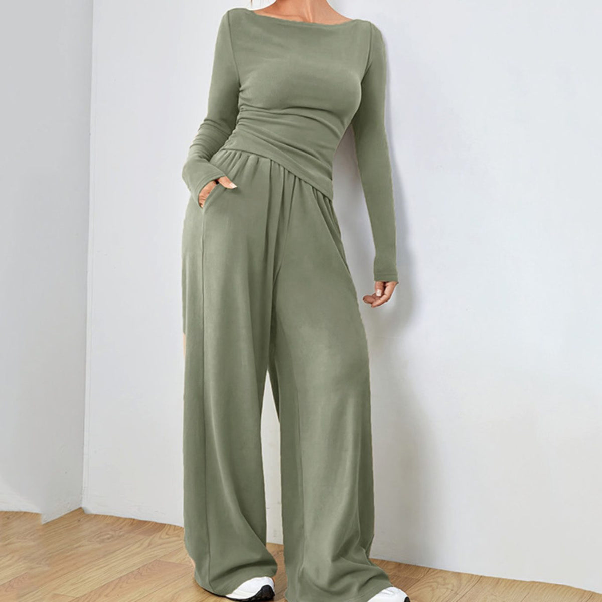 Women's Two Piece Set Long-Sleeve Boat-Neck Top Wide-Leg Trousers - Green