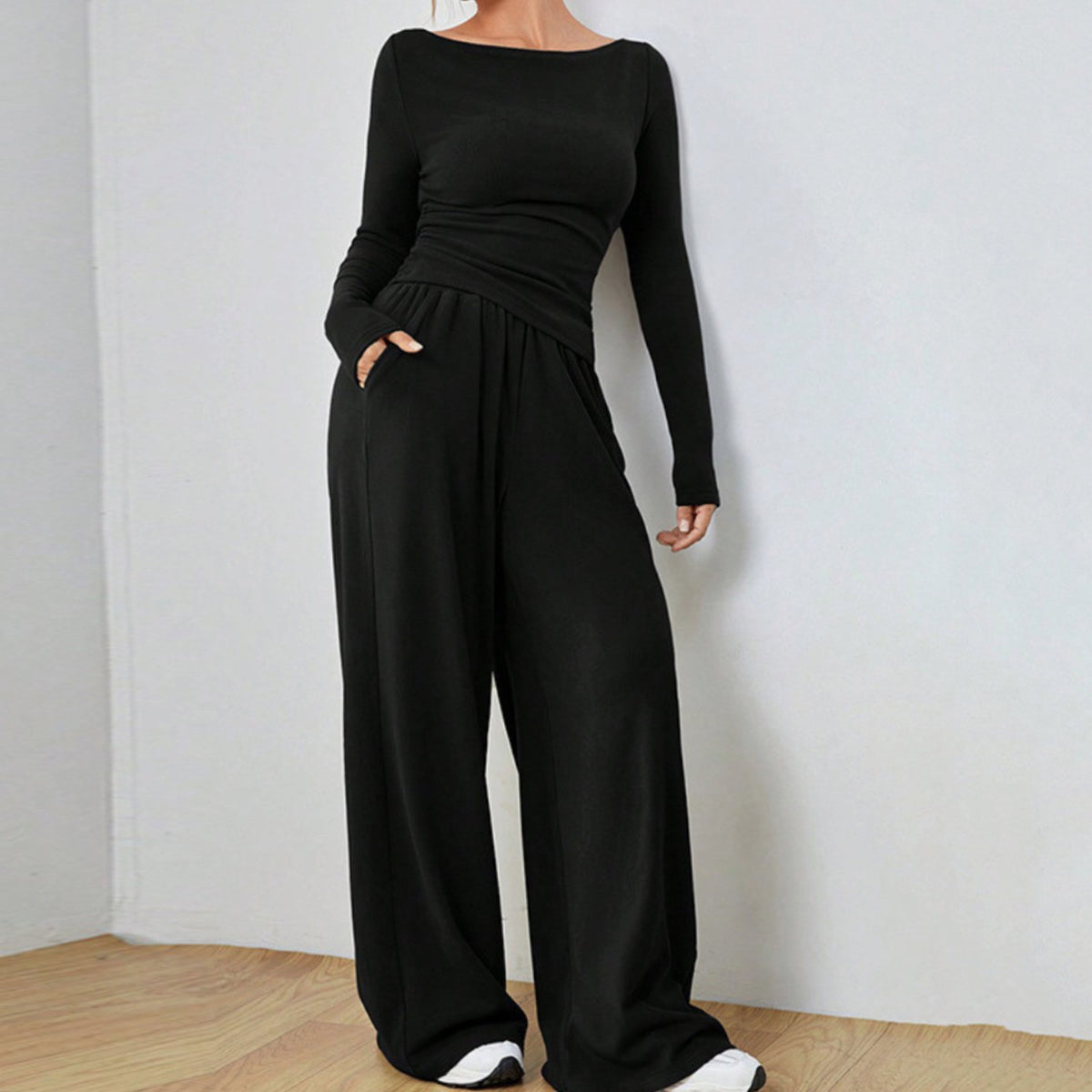 Women's Two Piece Set Long-Sleeve Boat-Neck Top Wide-Leg Trousers - Black