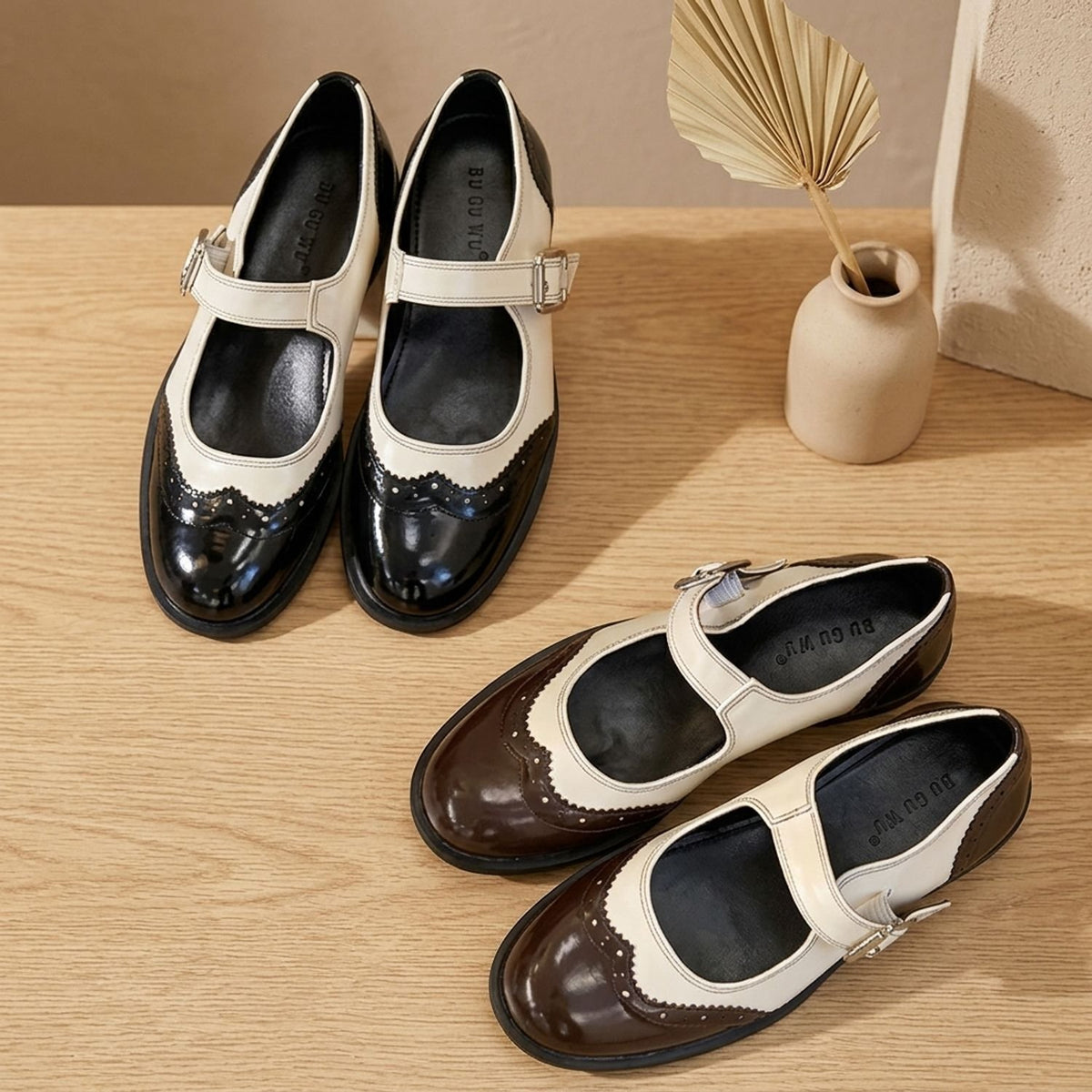 Women's Two-Tone Brogue Mary Jane Shoes Buckle Strap