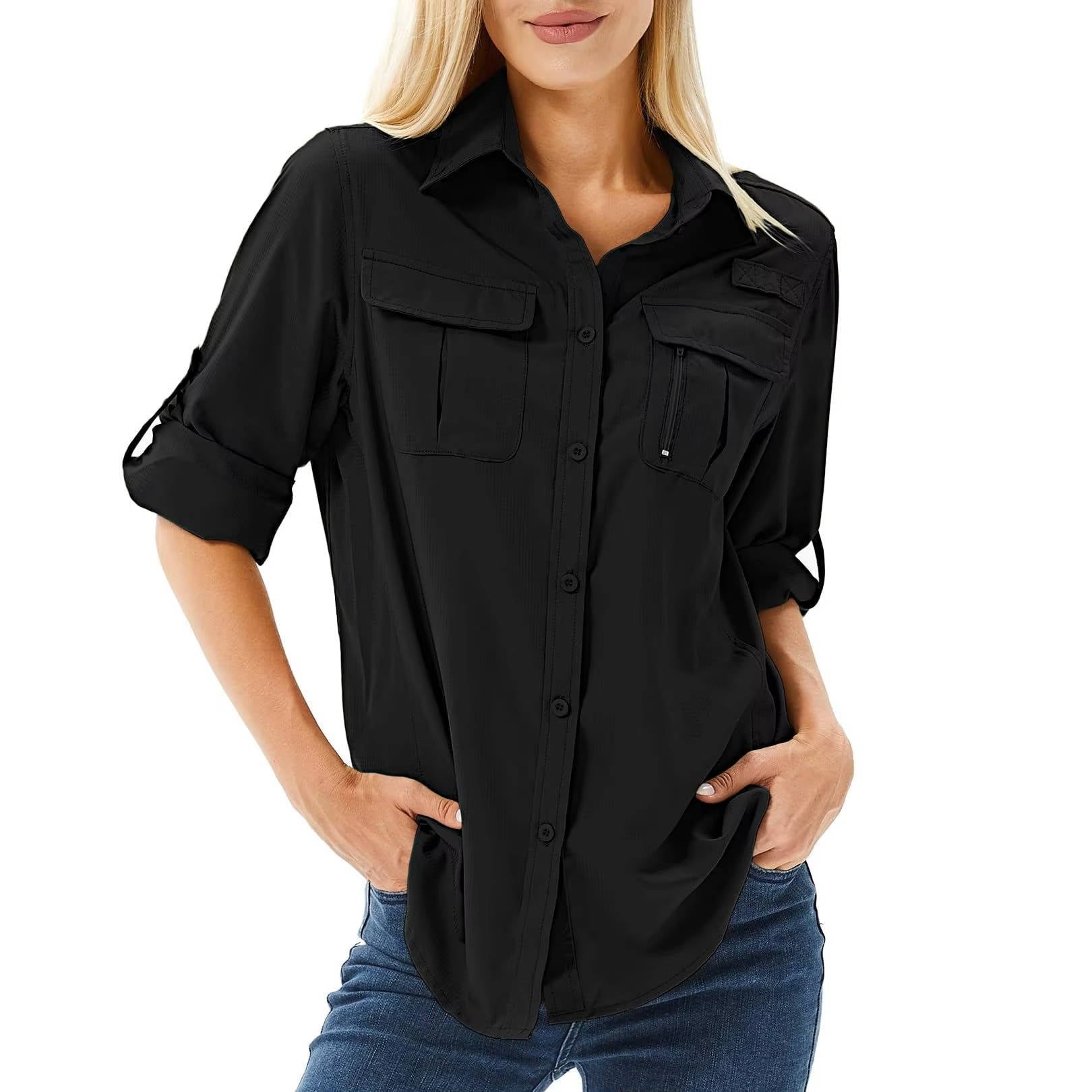 Women's UPF 50 Roll-Sleeve Dual-Pocket Outdoor Hiking Shirt - Black