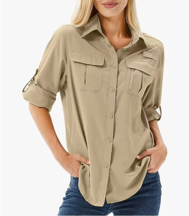Women's UPF 50 Roll-Sleeve Dual-Pocket Outdoor Hiking Shirt - Yellow