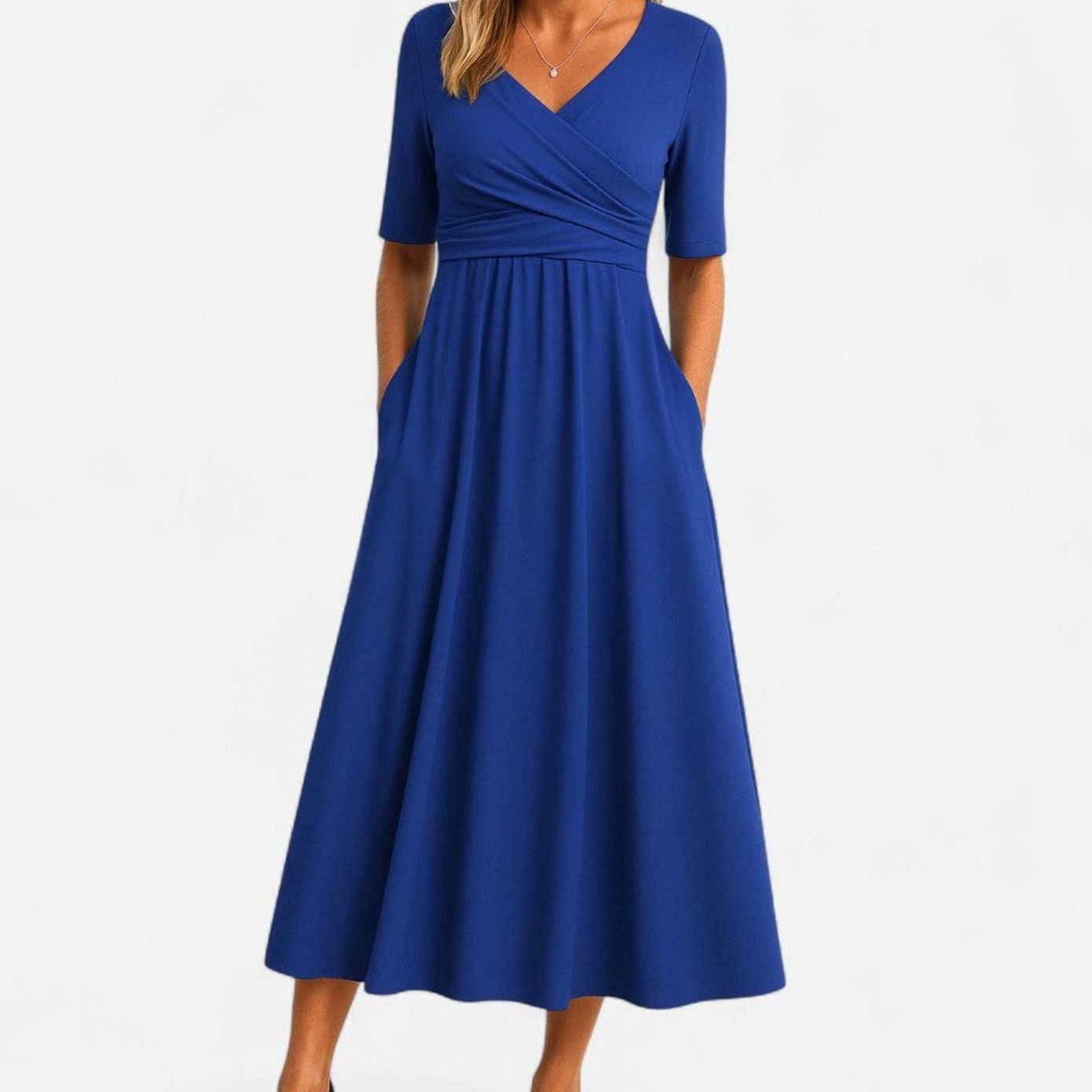 Women's V-Neck A-Line Midi Summer Dress Short Sleeve - Blue