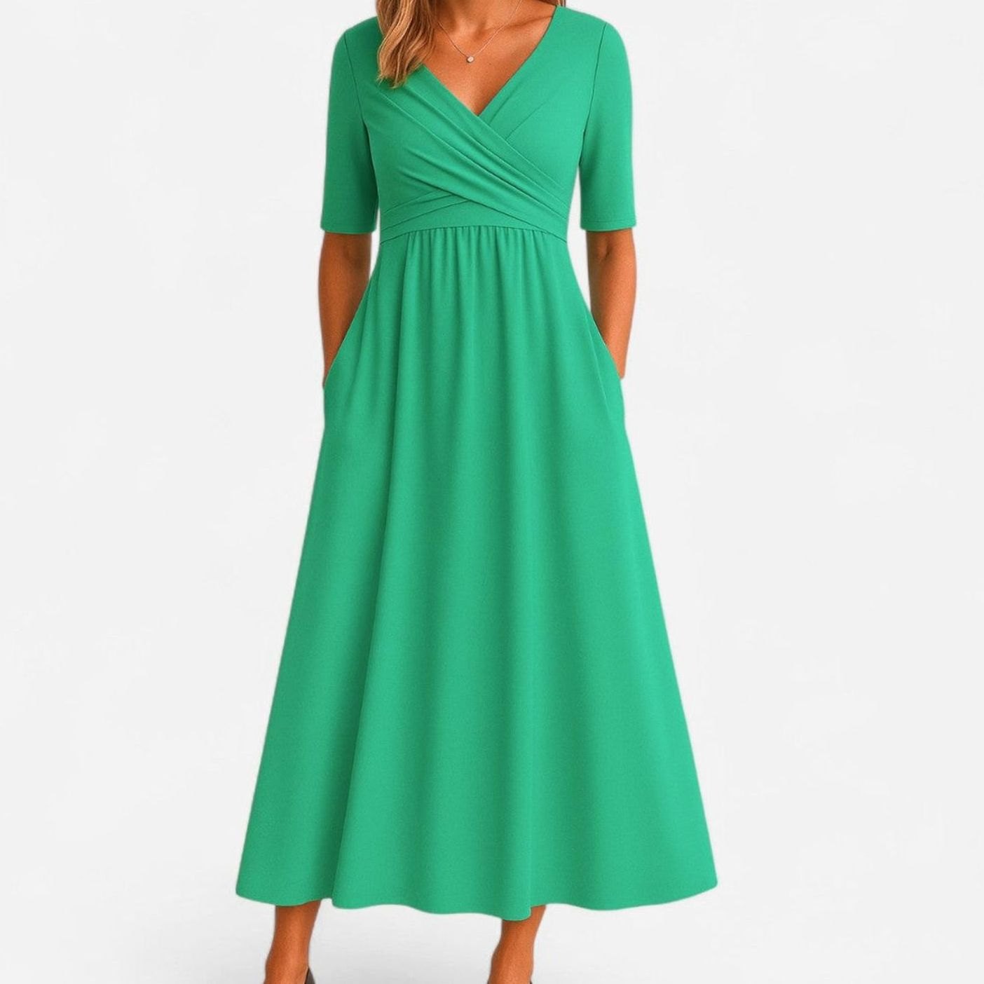 Women's V-Neck A-Line Midi Summer Dress Short Sleeve - Green
