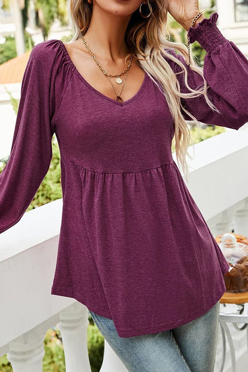 Women's V-Neck Babydoll Long-Sleeve Smocked-Cuff Tunic Top - Vintrode