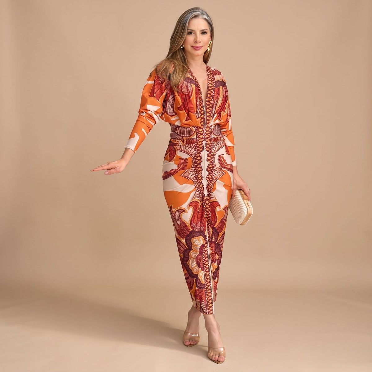 Women's V-Neck Bodycon Long Sleeve Dress Tribal Print Midi