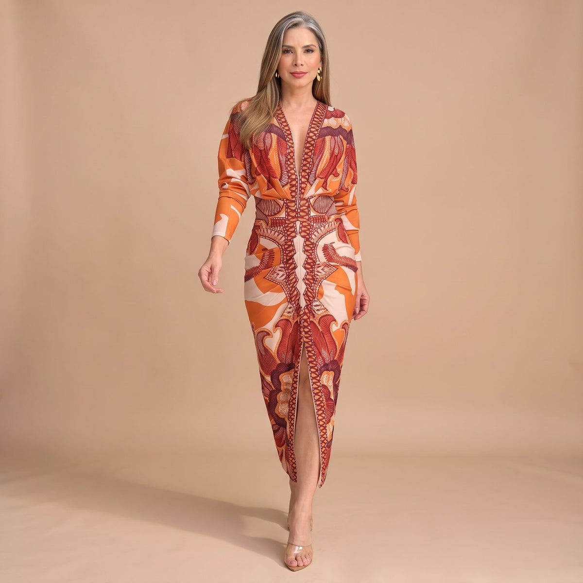 Women's V-Neck Bodycon Long Sleeve Dress Tribal Print Midi