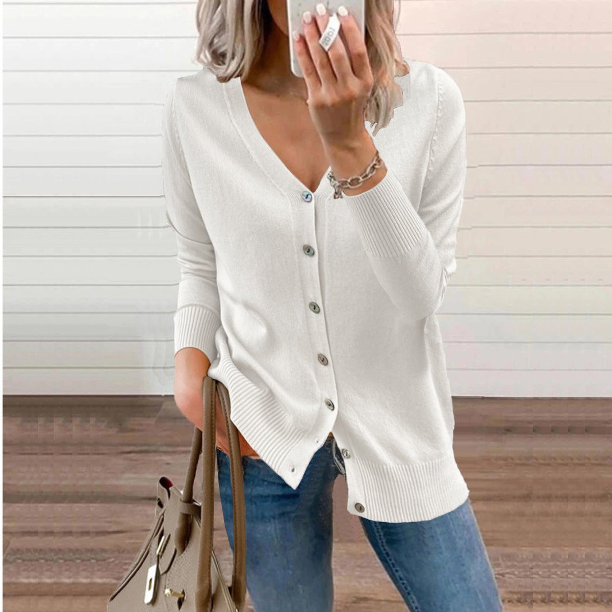 Women's V-Neck Button-Front Knit Cardigan - White