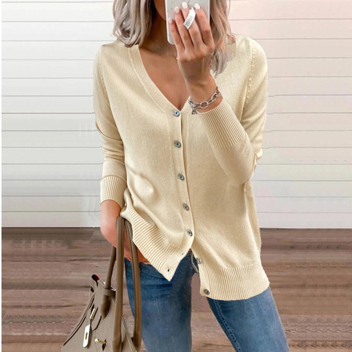 Women's V-Neck Button-Front Knit Cardigan - Beige
