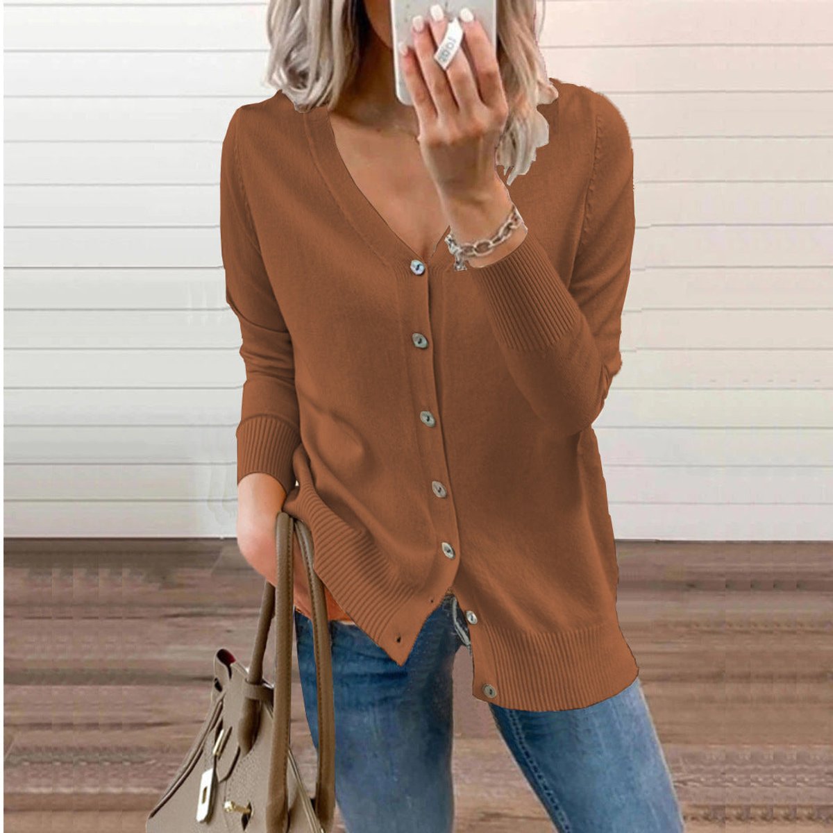 Women's V-Neck Button-Front Knit Cardigan - Brown