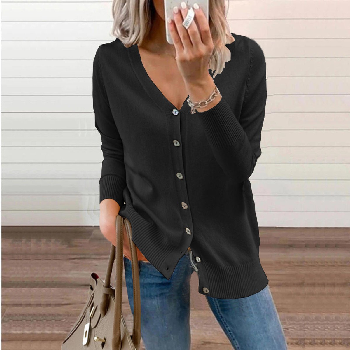 Women's V-Neck Button-Front Knit Cardigan - Black