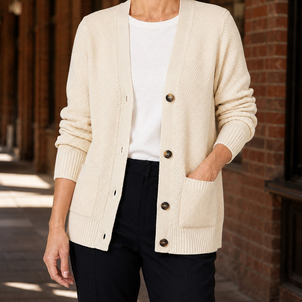 Women's V-Neck Button-Front Knit Cardigan, Cream - Pink