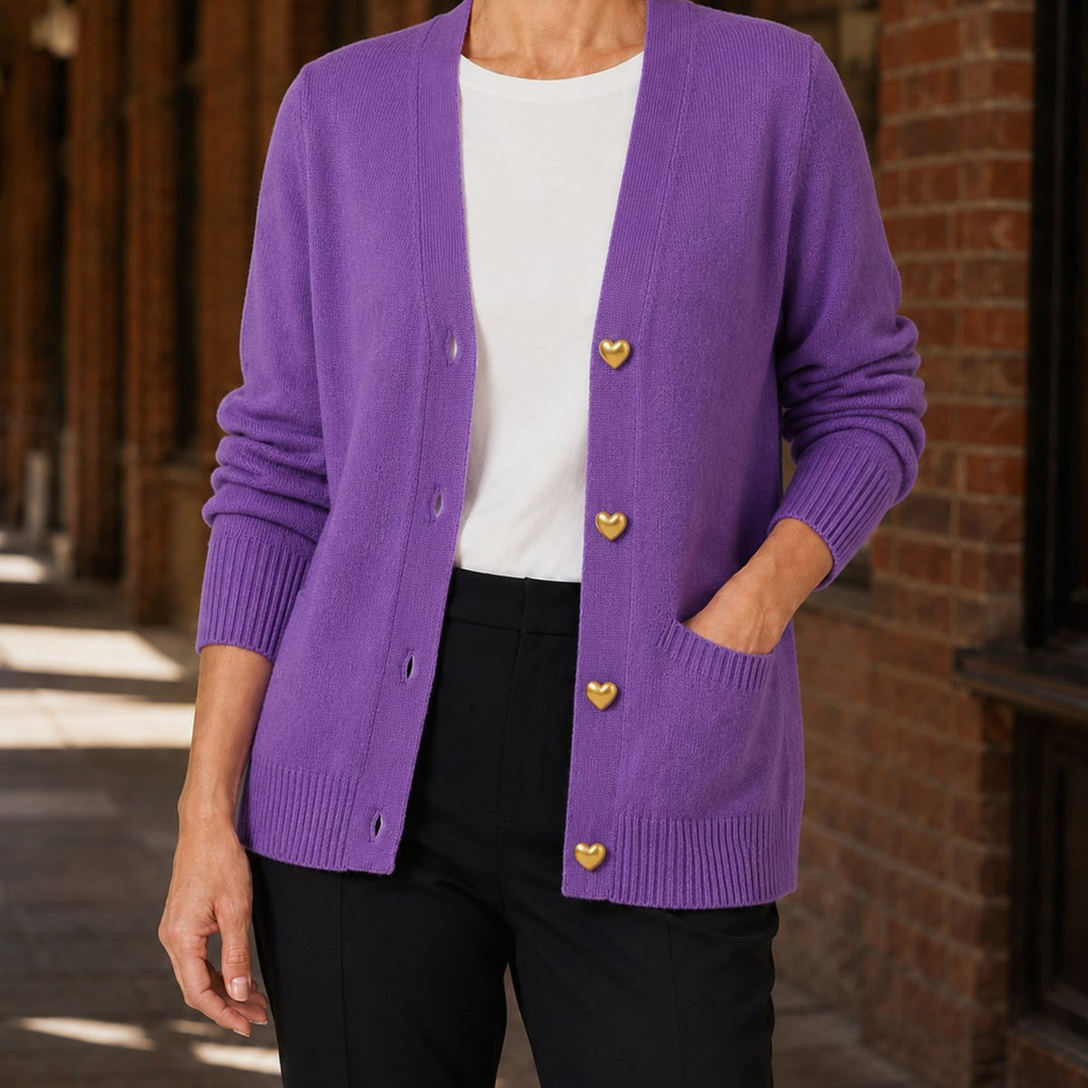 Women's V-Neck Button-Front Knit Cardigan, Cream - Purple