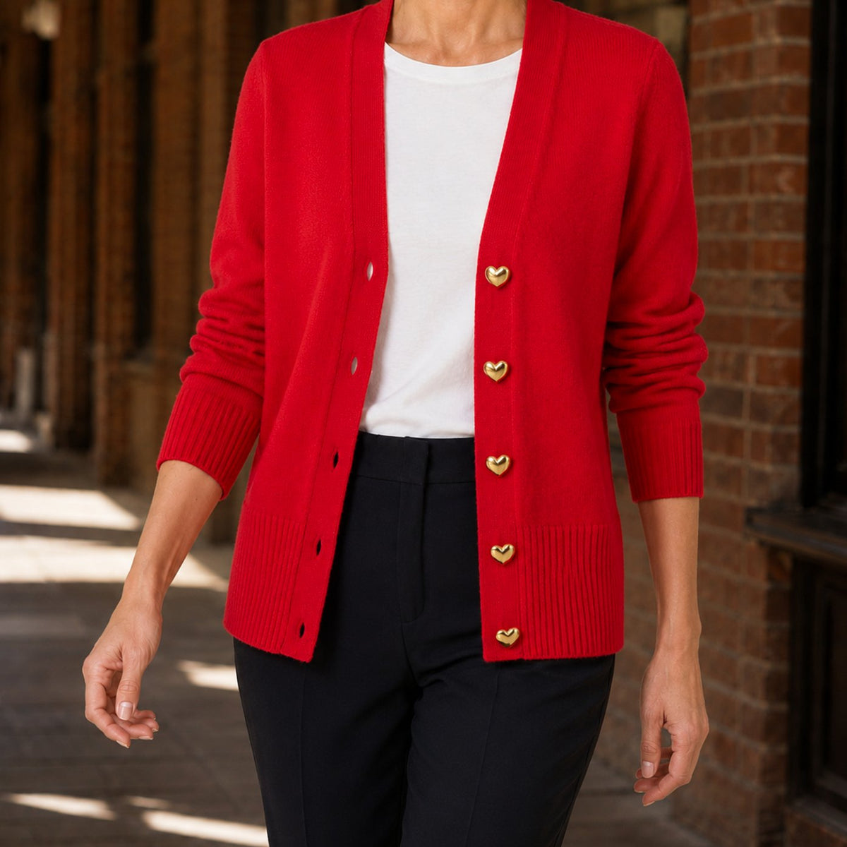 Women's V-Neck Button-Front Knit Cardigan, Cream - Red