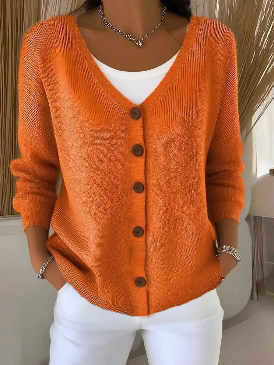 Women's V-Neck Button-Front Long Sleeve Knit Cardigan Sweater - Orange
