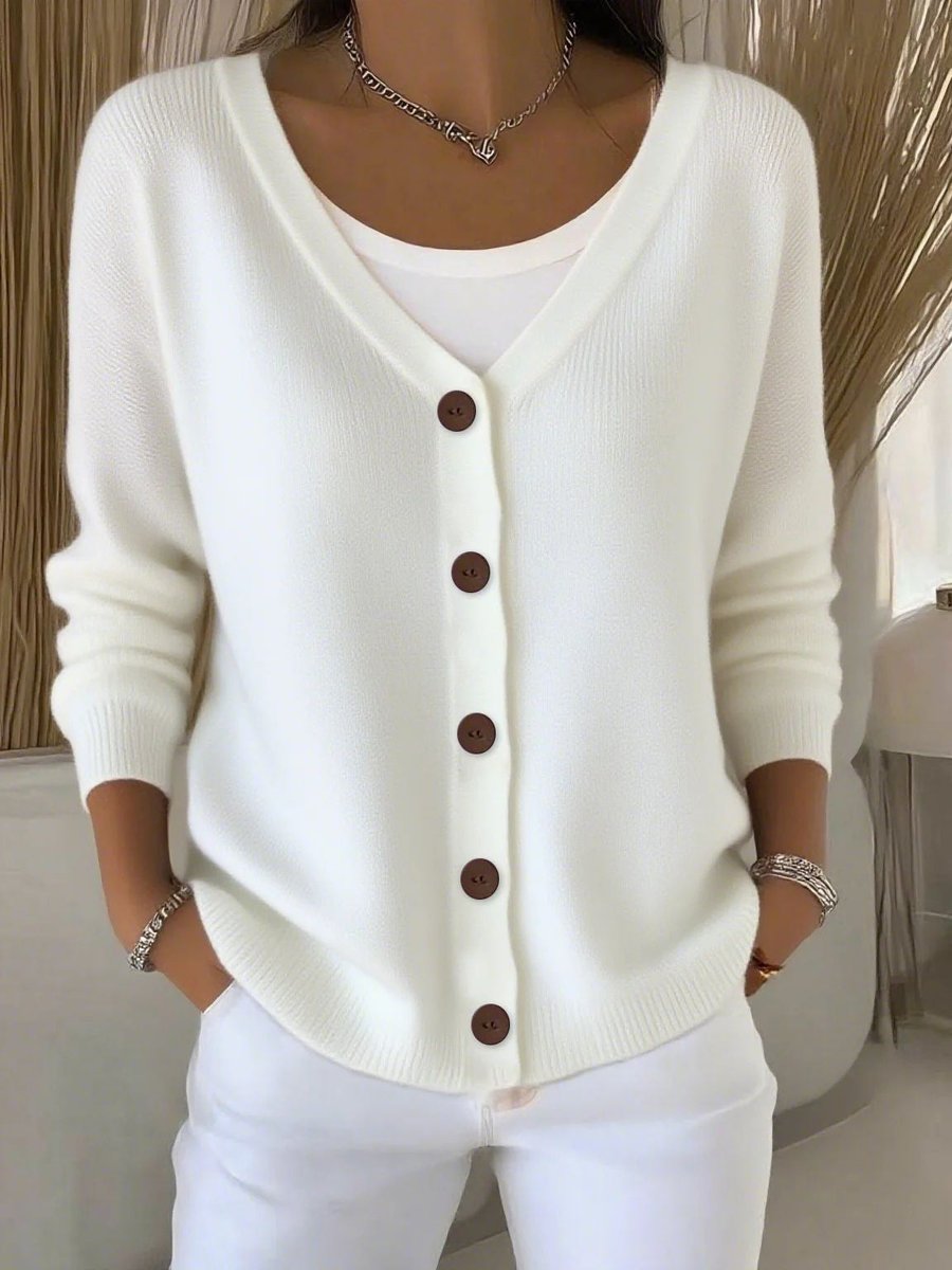 Women's V-Neck Button-Front Long Sleeve Knit Cardigan Sweater - White