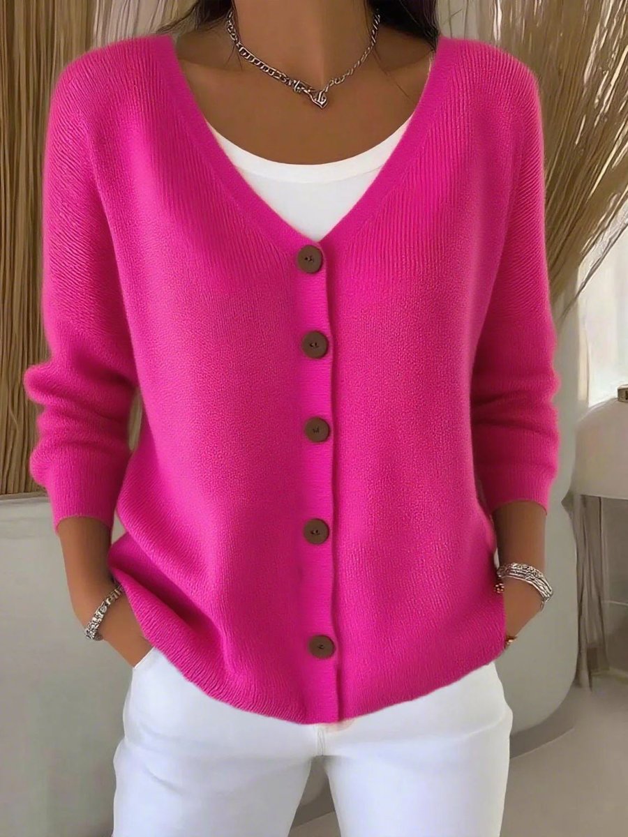 Women's V-Neck Button-Front Long Sleeve Knit Cardigan Sweater - Rose Red
