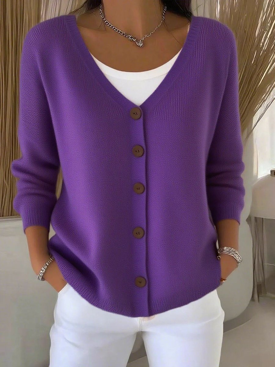 Women's V-Neck Button-Front Long Sleeve Knit Cardigan Sweater - Purple
