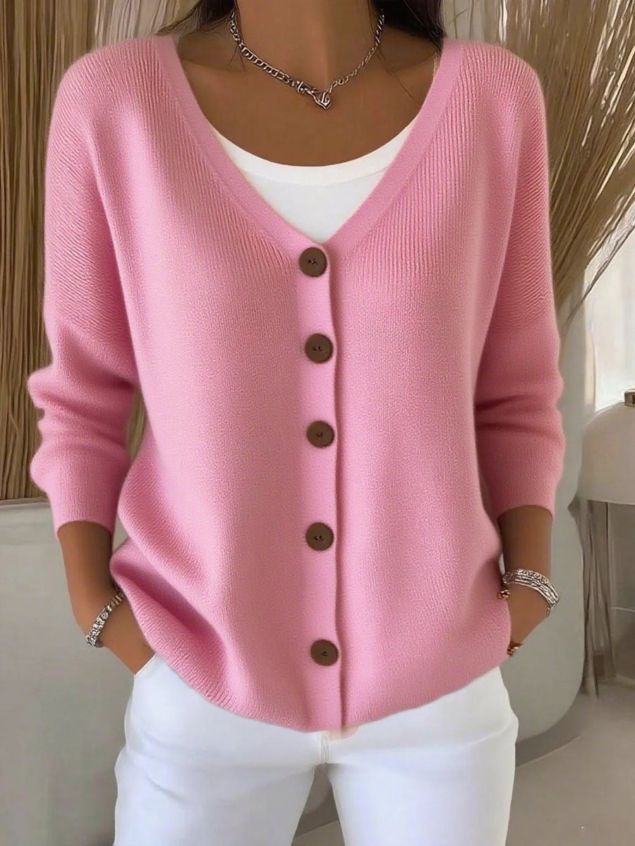 Women's V-Neck Button-Front Long Sleeve Knit Cardigan Sweater - Pink