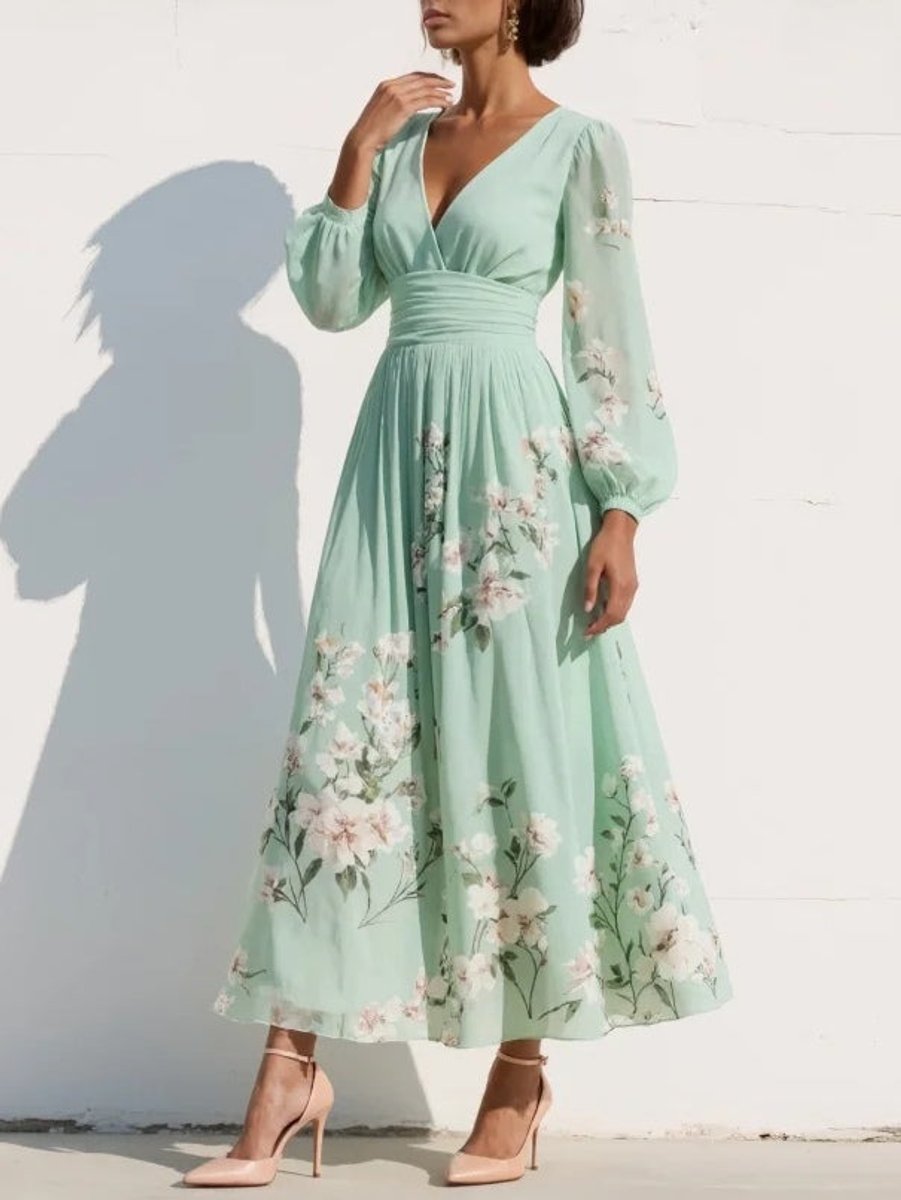Women's V-Neck Chiffon Floral Ruched-Waist Midi Dress