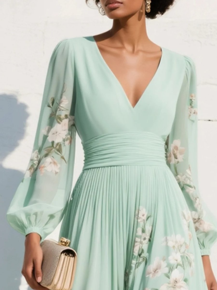 Women's V-Neck Chiffon Floral Ruched-Waist Midi Dress