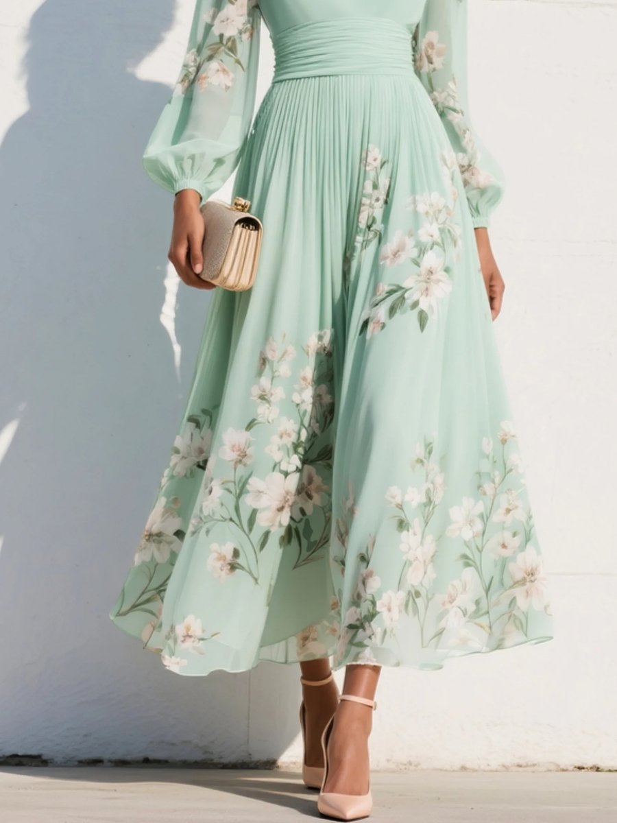 Women's V-Neck Chiffon Floral Ruched-Waist Midi Dress