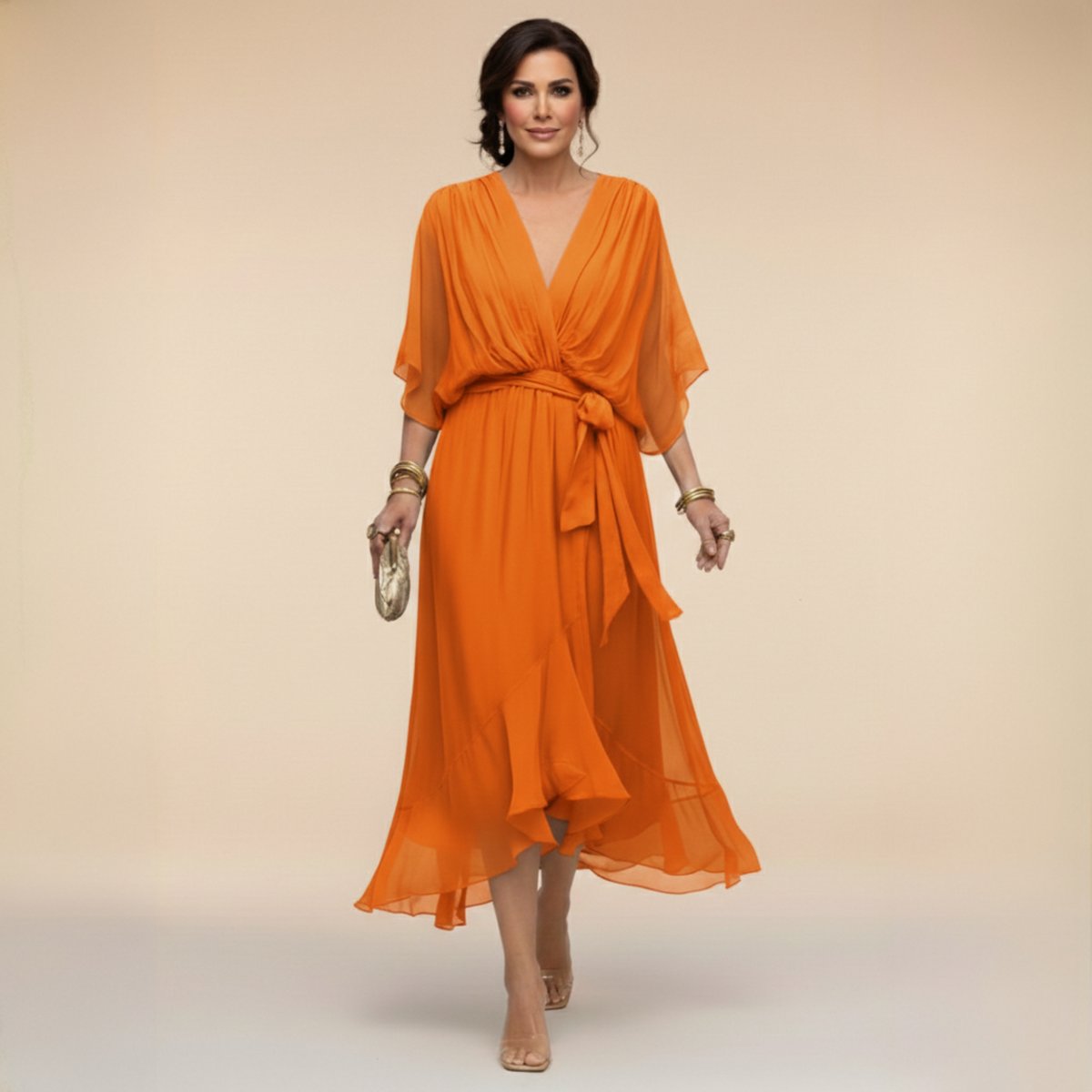 Women's V-Neck Chiffon Flowy Batwing Sleeve Midi Wrap Dress - Orange
