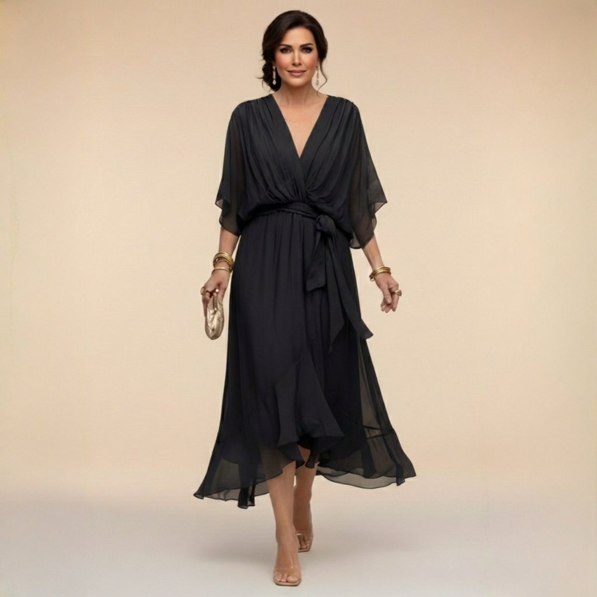 Women's V-Neck Chiffon Flowy Batwing Sleeve Midi Wrap Dress - Black