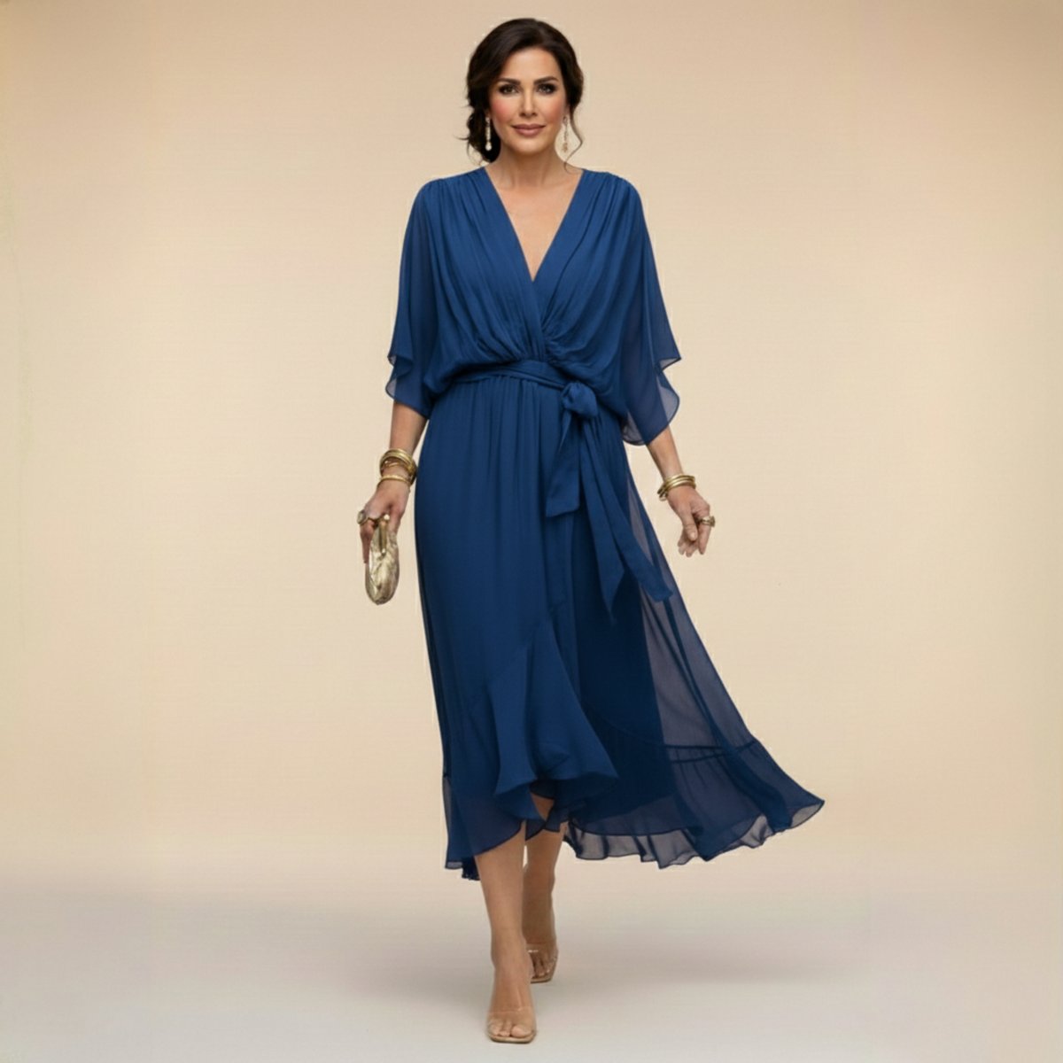 Women's V-Neck Chiffon Flowy Batwing Sleeve Midi Wrap Dress - Blue