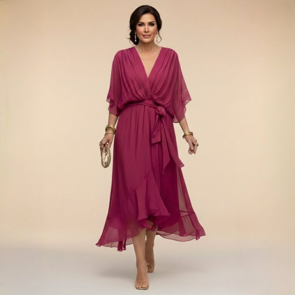 Women's V-Neck Chiffon Flowy Batwing Sleeve Midi Wrap Dress - Dark Purple