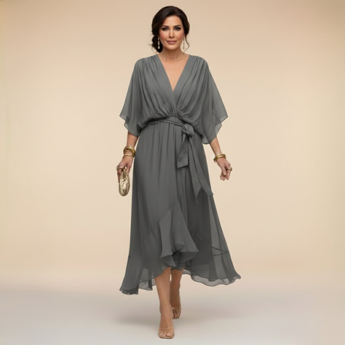 Women's V-Neck Chiffon Flowy Batwing Sleeve Midi Wrap Dress - Grey