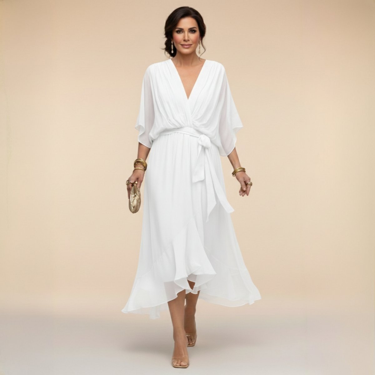 Women's V-Neck Chiffon Flowy Batwing Sleeve Midi Wrap Dress - White