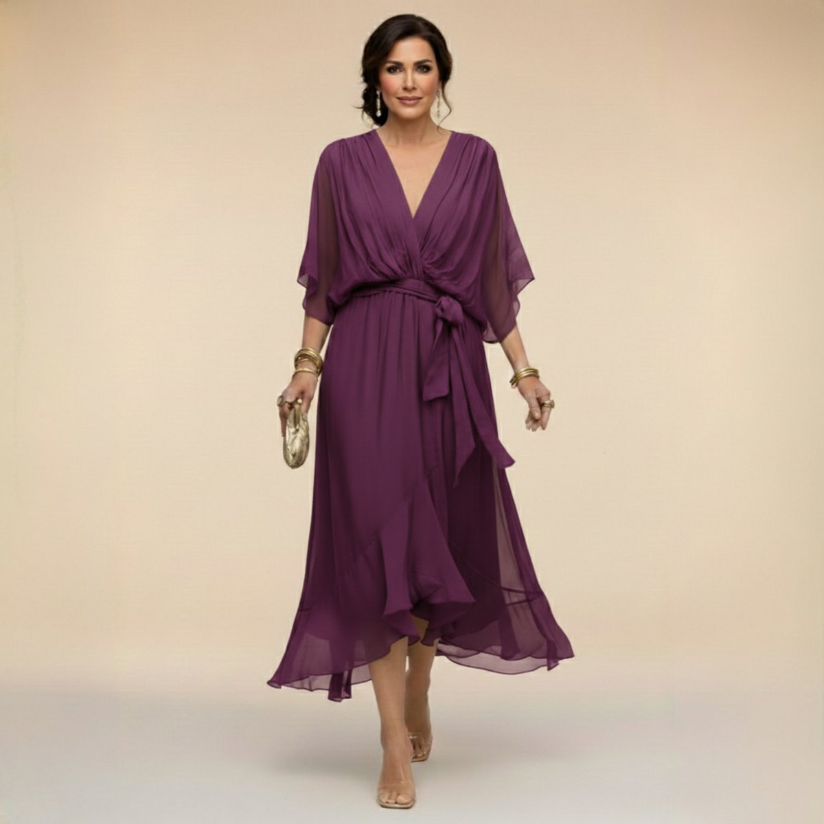 Women's V-Neck Chiffon Flowy Batwing Sleeve Midi Wrap Dress - Purple