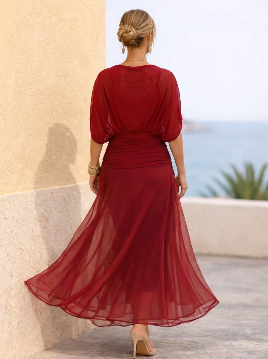 Women's V-Neck Chiffon Maxi Cocktail Party Dress Ruched Waist