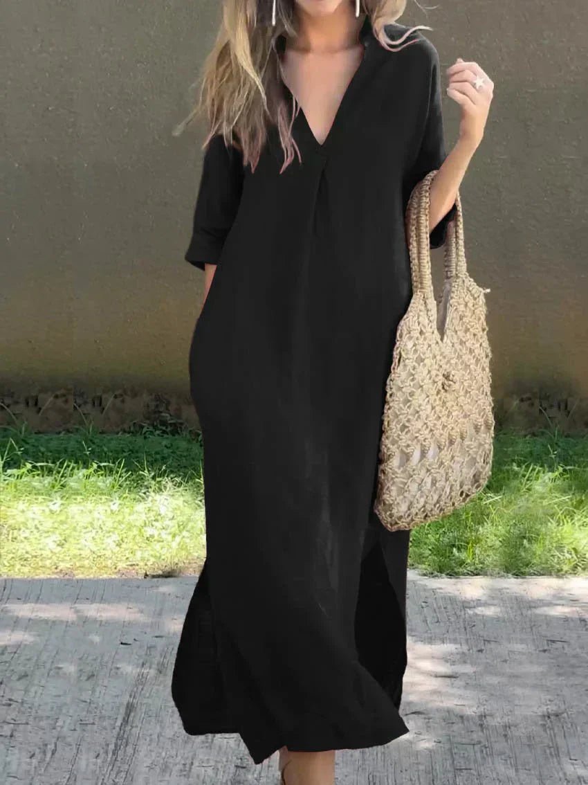 Women's V-Neck Cotton Linen Relaxed-Fit Maxi Dress - Black (Almost sold out)