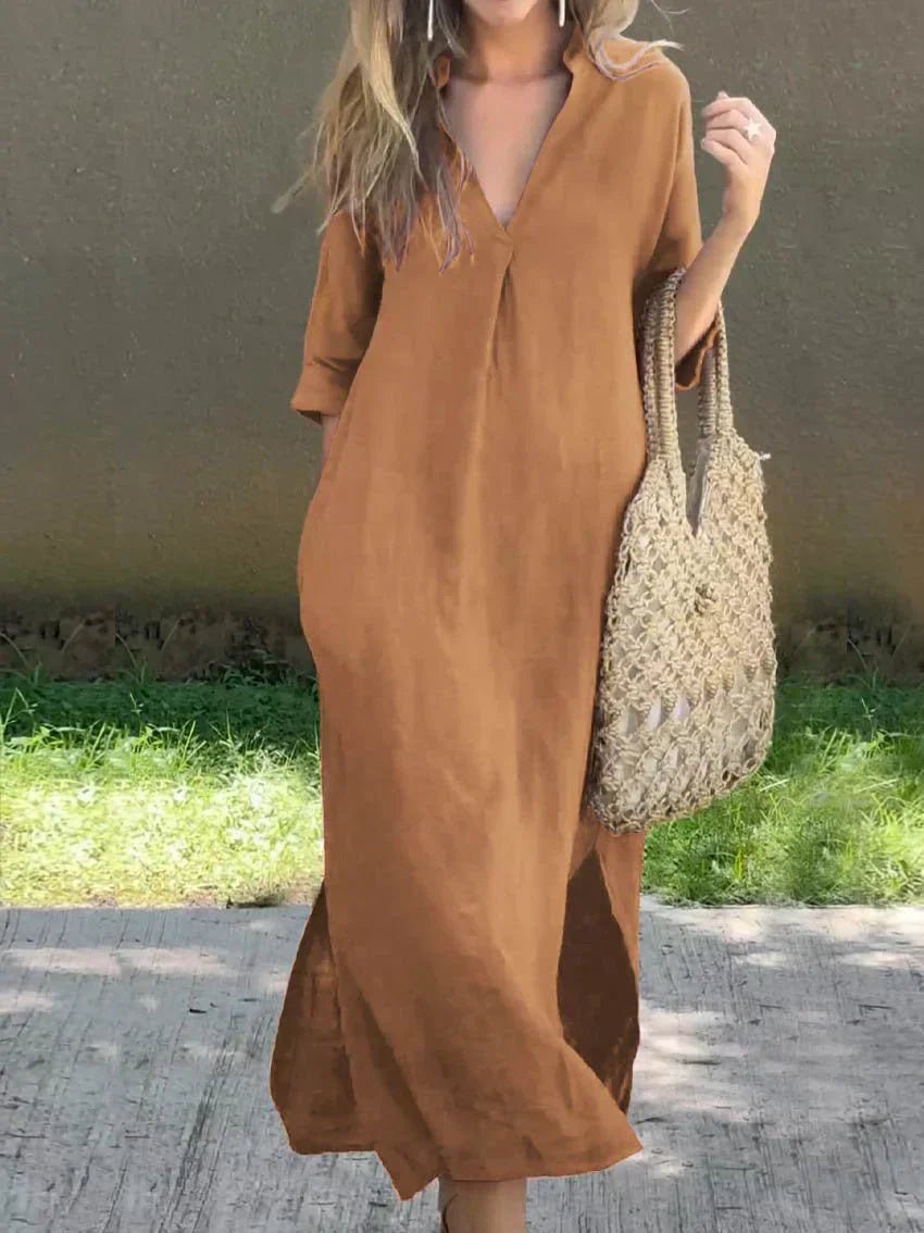 Women's V-Neck Cotton Linen Relaxed-Fit Maxi Dress - Brown