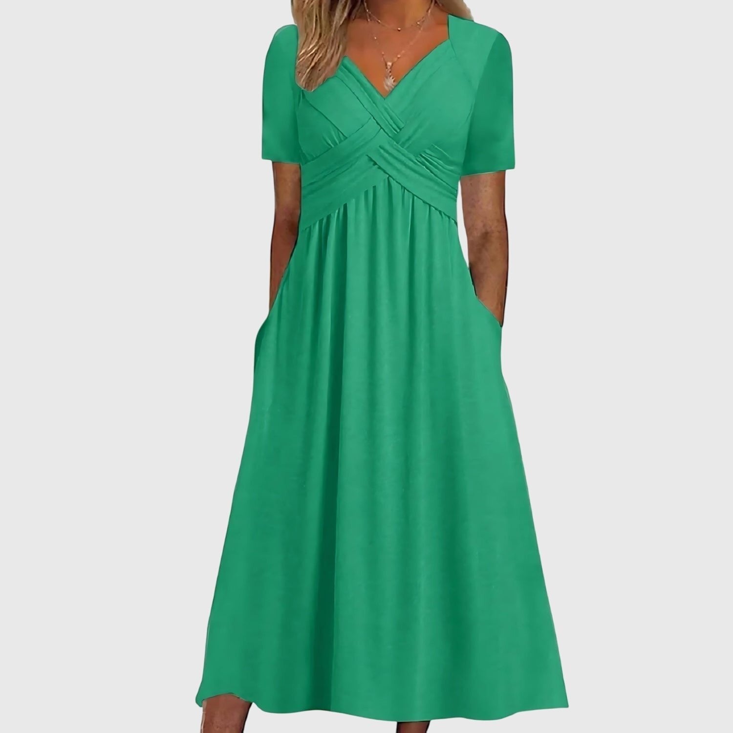 Women's V-Neck Cross-Front A-Line Tummy Control Midi Dress - Green
