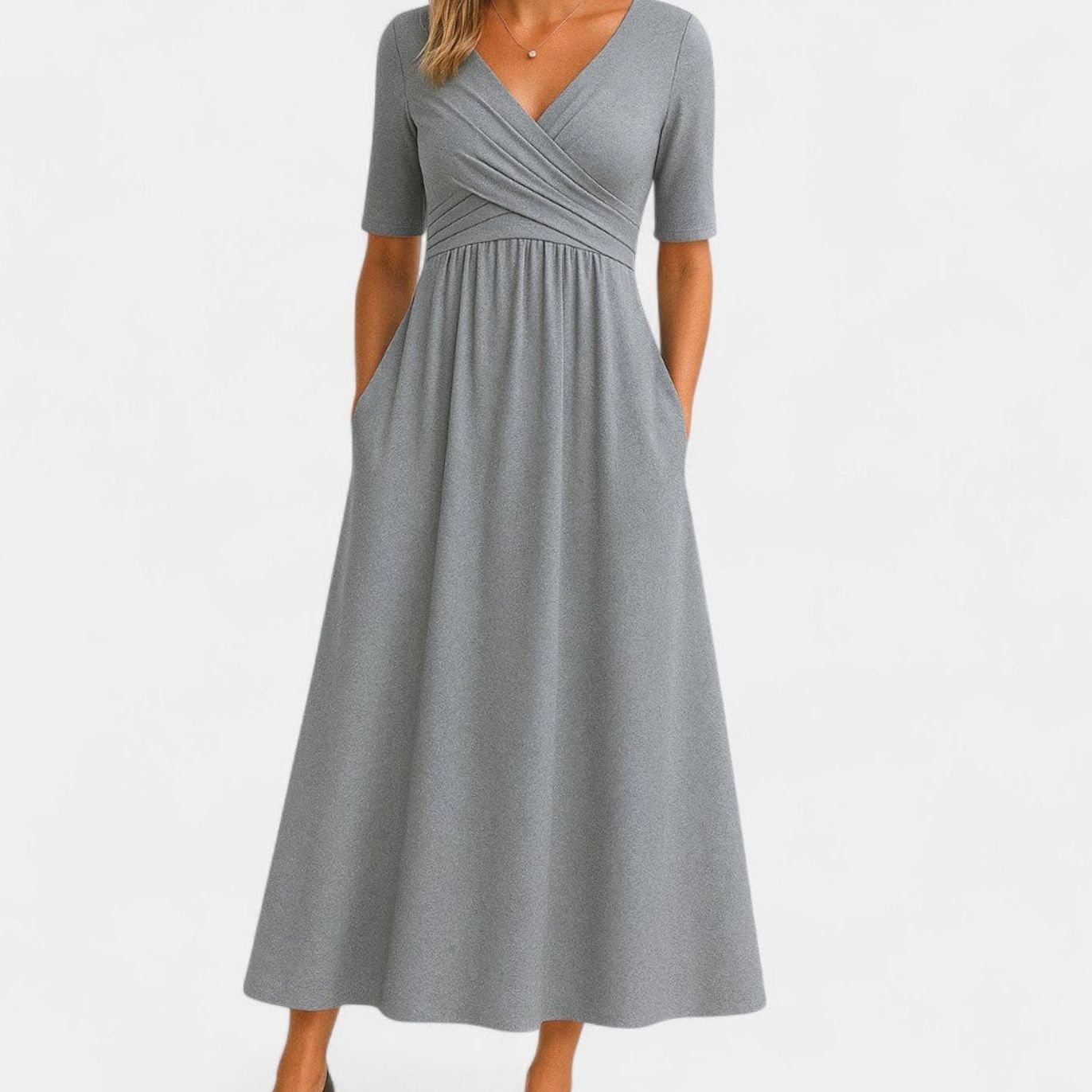 Women's V-Neck Crossover Empire-Waist Midi Dress Pockets - Grey