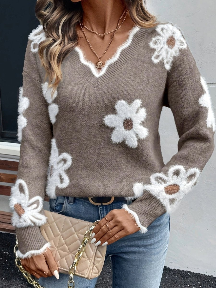 Women's V-Neck Floral Daisy Knit Sweater Fluffy Long Sleeve Jumper - Khaki